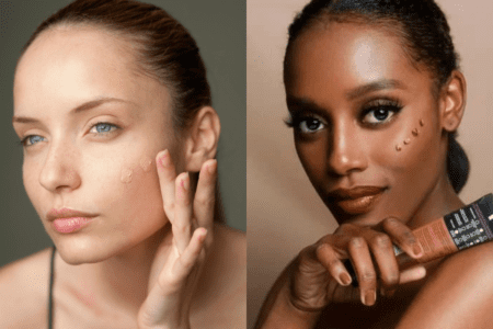 2 woman testing out foundation. Best foundation. how to apply powder foundation. How to choose makeup foundation. Makeup foundation types. Makeup foundation tips. Types of foundation makeup. what is foundation makeup.