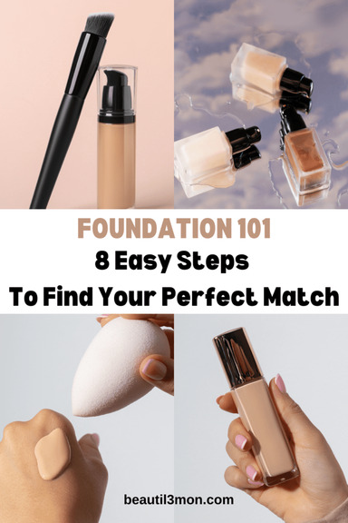 mood board of close ups of foundtion bottles and makeup tools in female hands. Best foundation. how to apply powder foundation. How to choose makeup foundation. Makeup foundation types. Makeup foundation tips. Types of foundation makeup. what is foundation makeup.